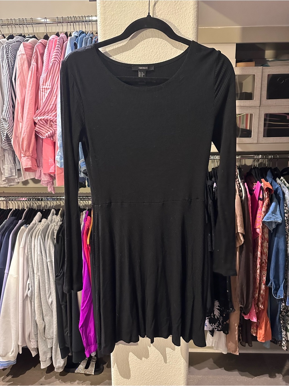 Black Long Sleeve Ribbed Skater Dress